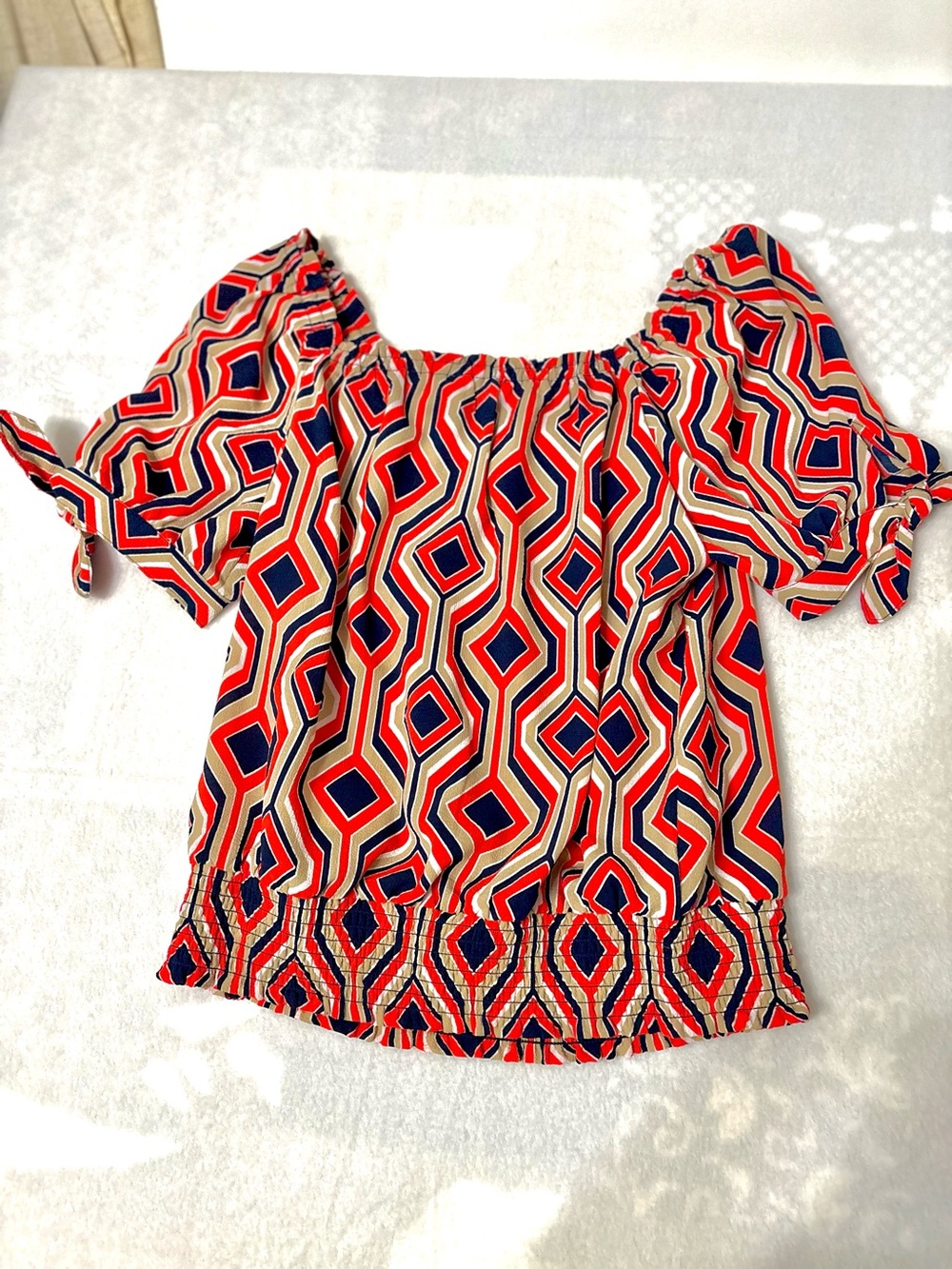 Michael Kors Red and Navy Geometric Off-Shoulder Blouse SIZE MEDIUM EUC